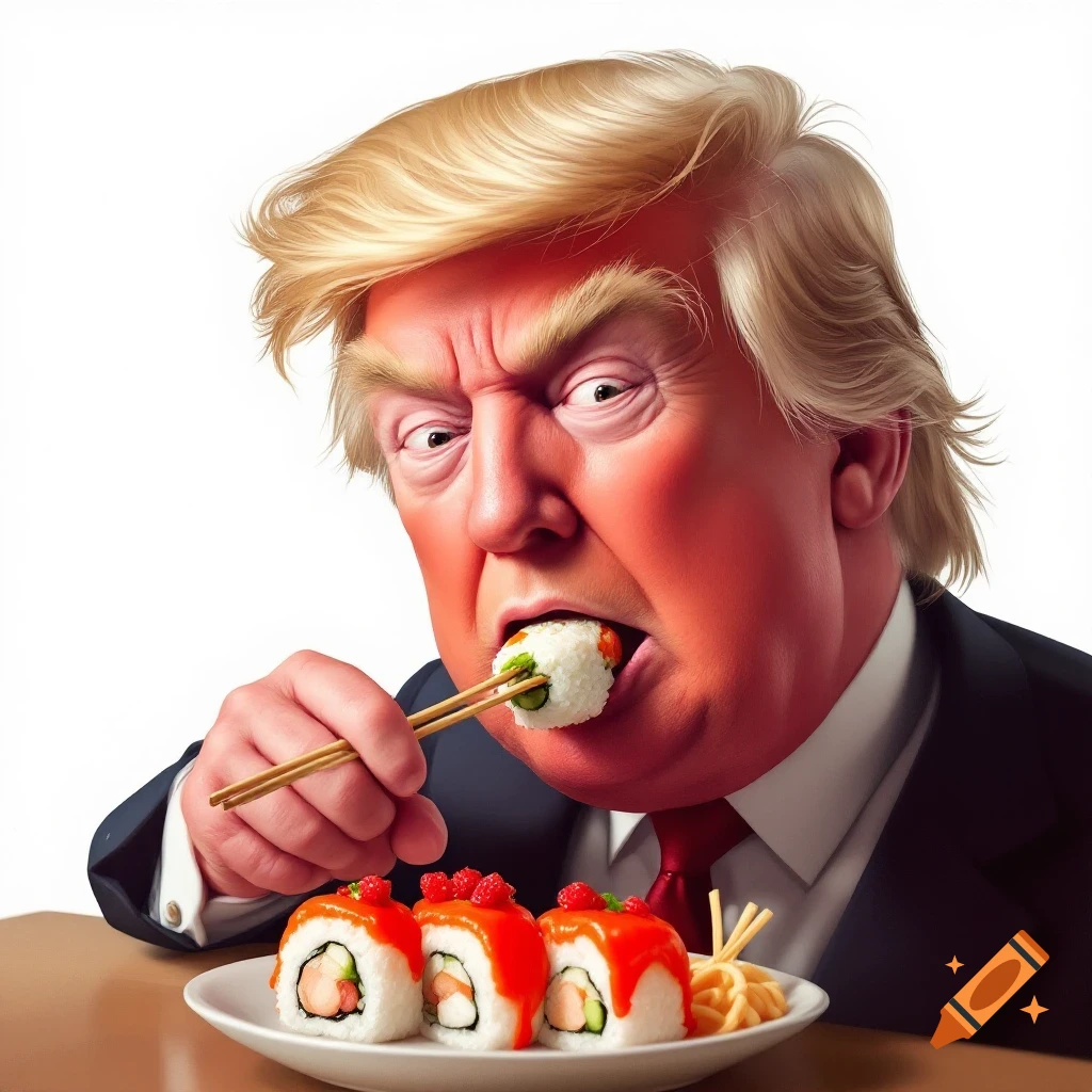 Caricature of Donald Trump eating sushi with chopsticks.