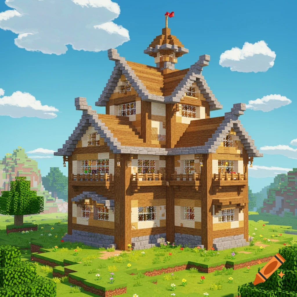 A large, detailed house built in a blocky, Minecraft style world under a blue sky.