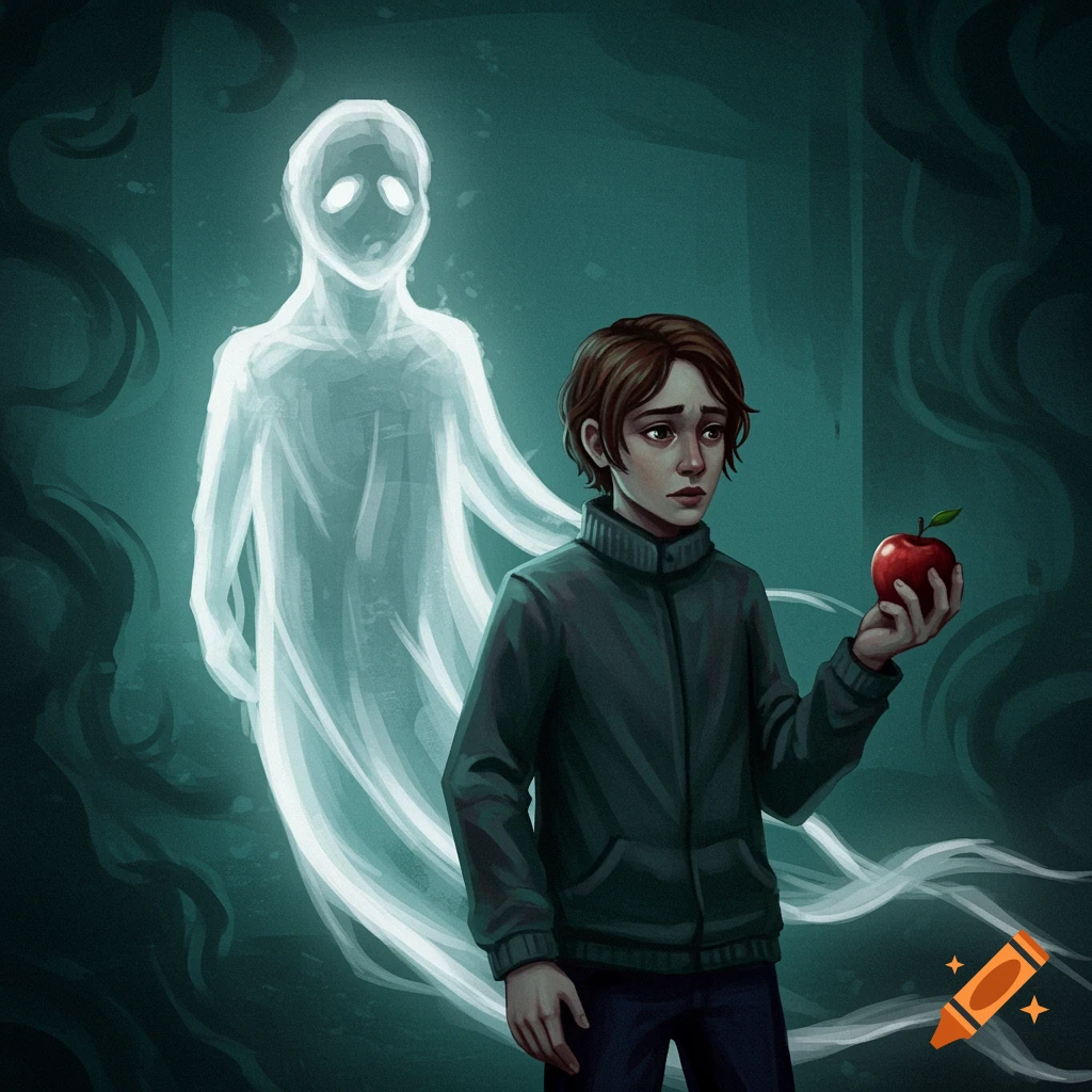 A boy is holding an apple with a glowing ghost behind him in a dark room.
