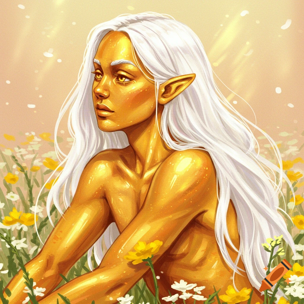 A gold-skinned elf with white hair sits in a field of flowers.
