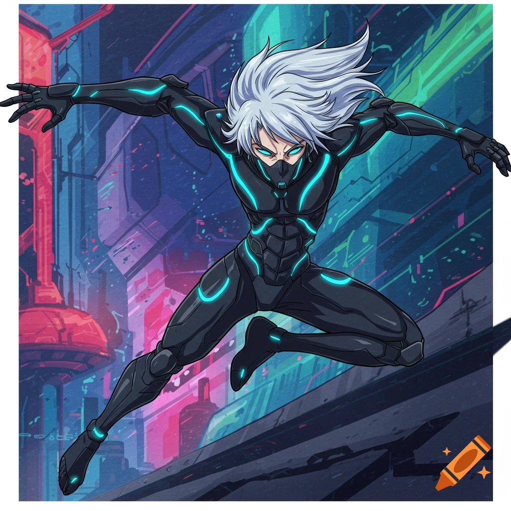 Futuristic ninja android leaping in a cyberpunk city, anime style
