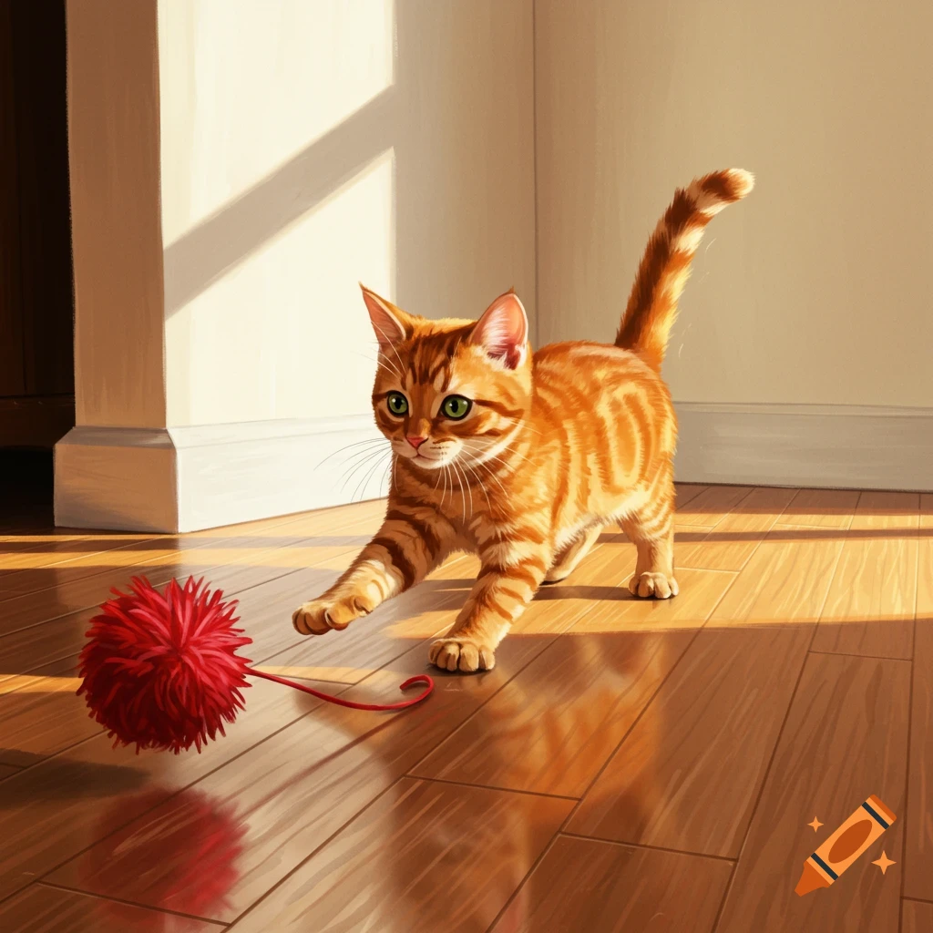 An orange tabby kitten playing with a red pom-pom on a wooden floor.