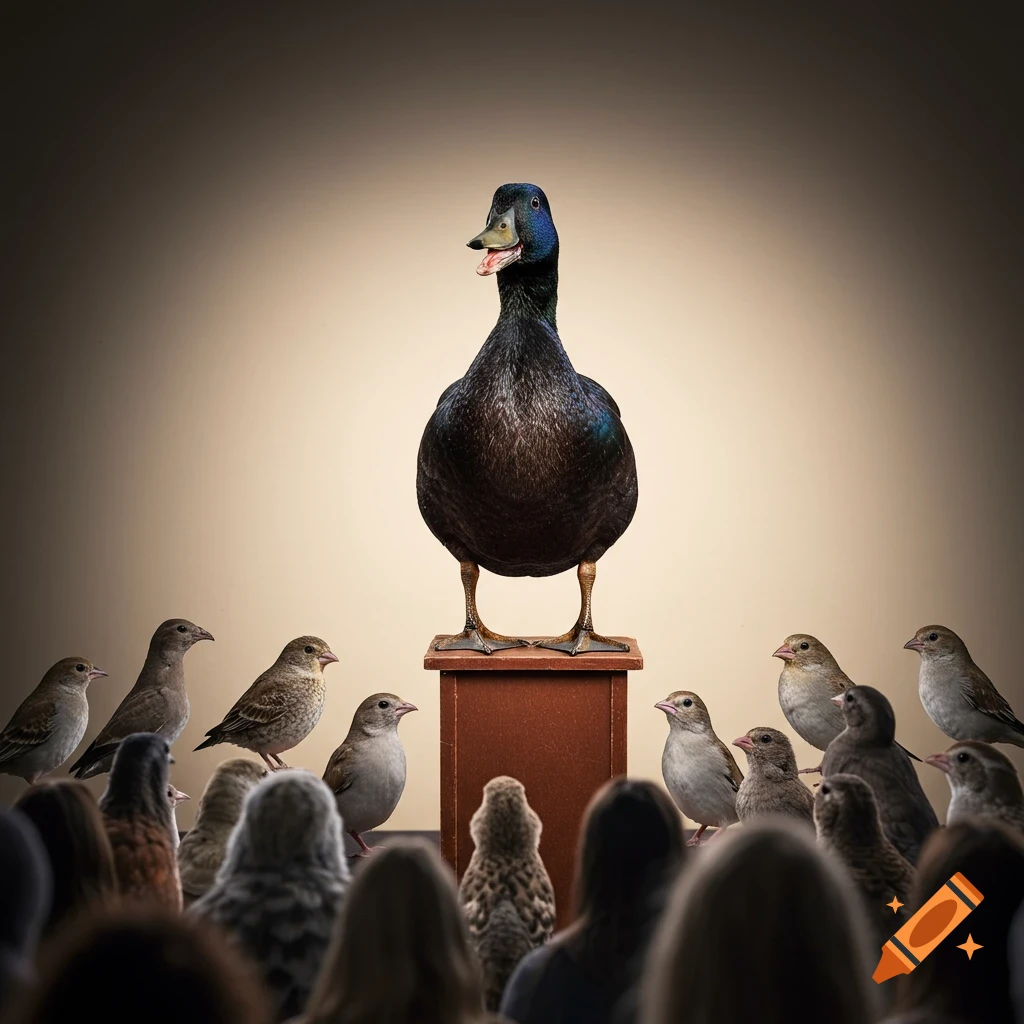 A duck stands on a podium, giving a speech to an audience of birds and people.