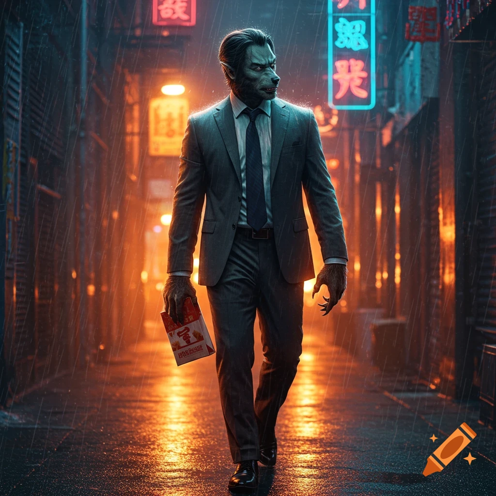 A werewolf in a suit walks in the rain on a city street at night.
