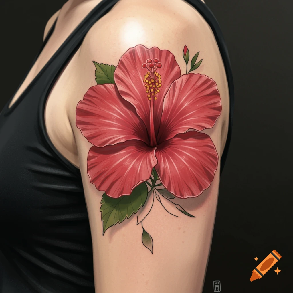 A large red hibiscus flower tattoo is on a person's upper arm.