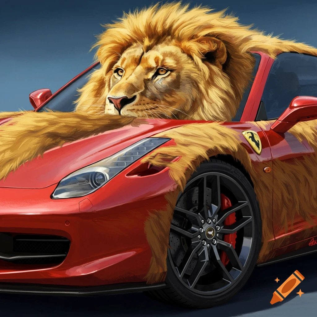 A red car covered in lion fur with a lion's head coming out the windshield.