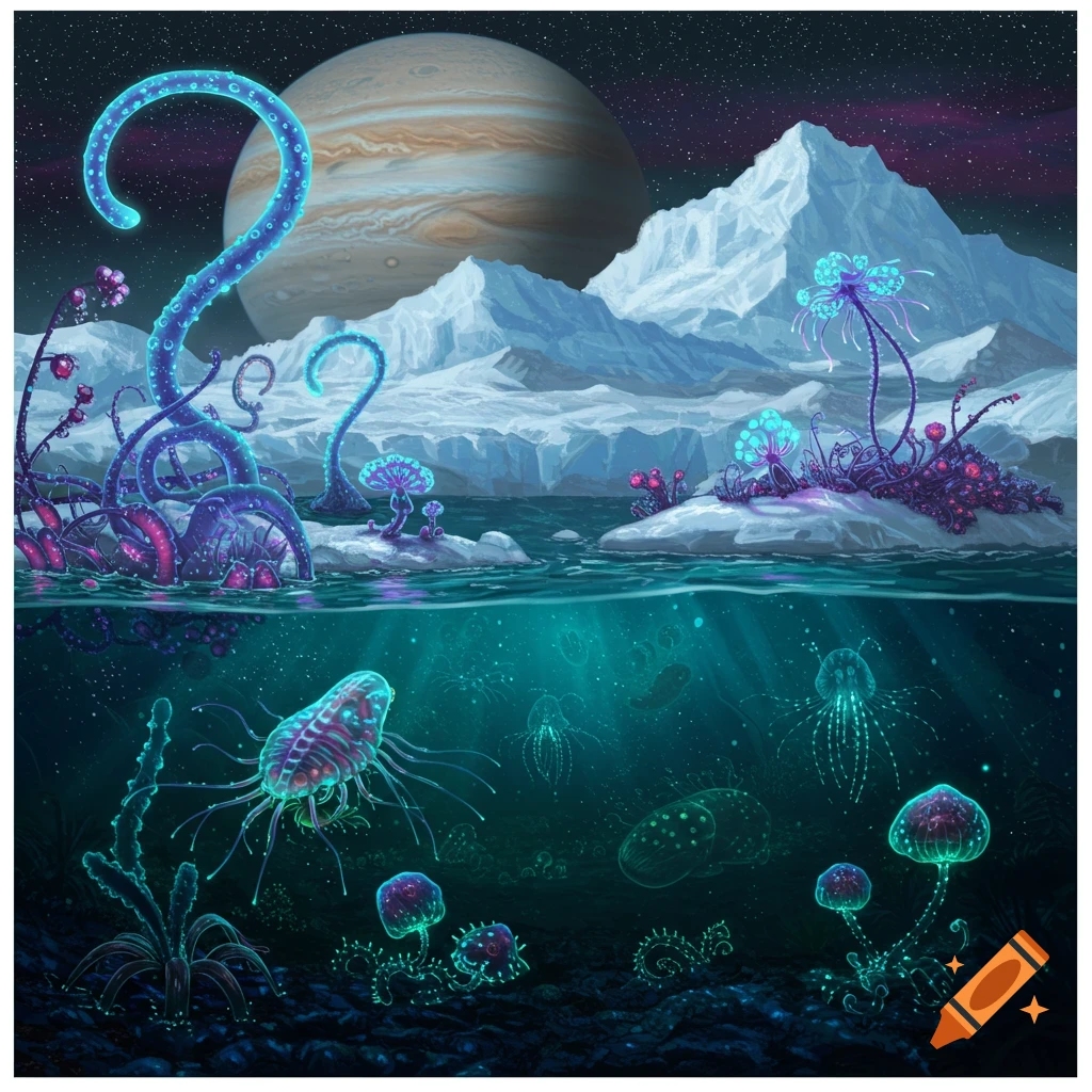 A depiction of alien life above and below water on a world like Europa, featuring glowing plants, creatures, and a giant planet in the sky.