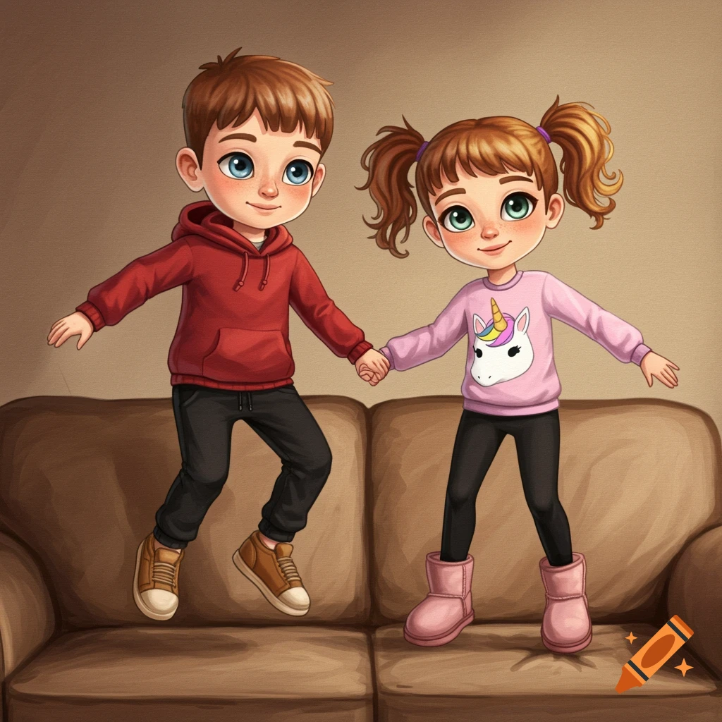 Painting cartoon style of two kids jumping on a couch