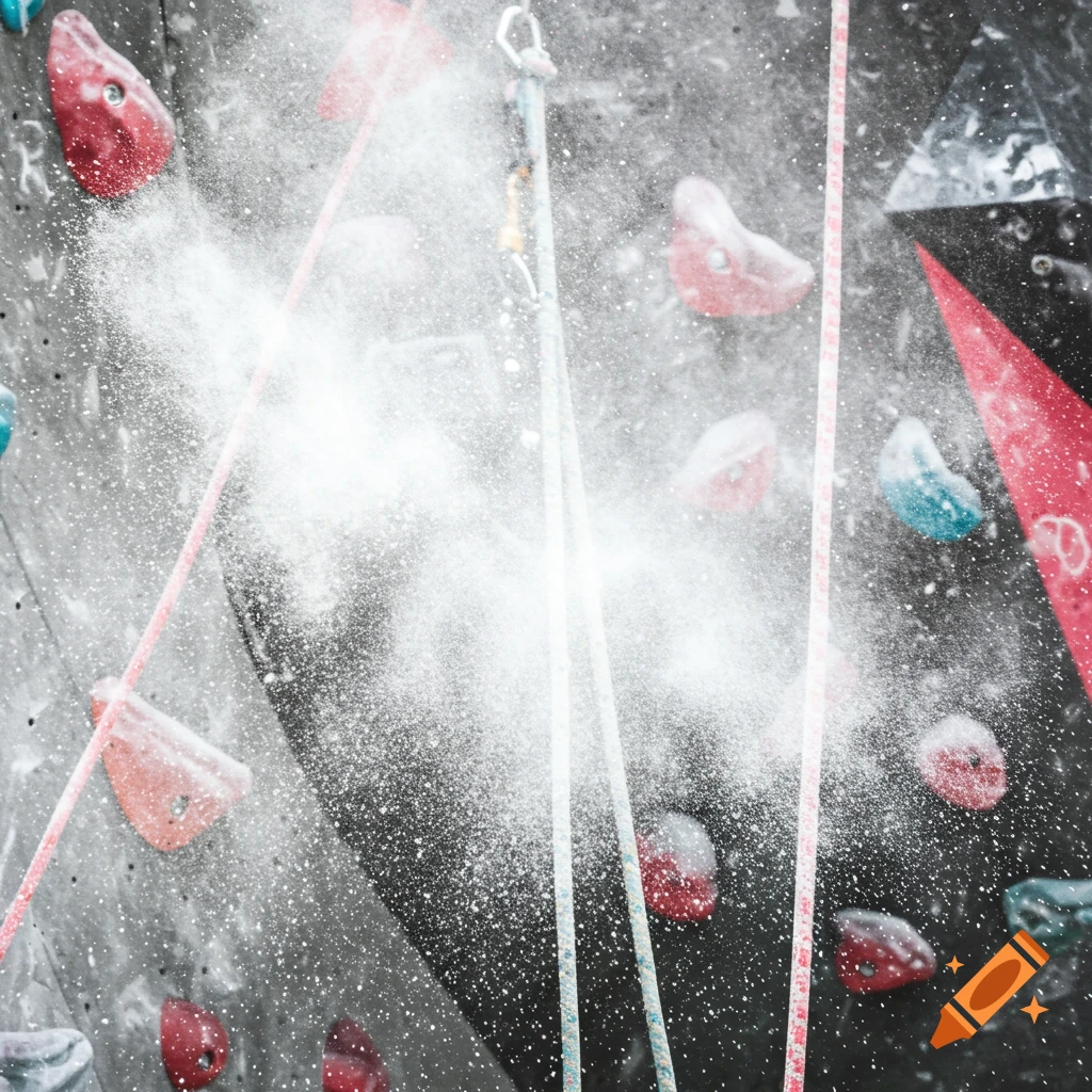 A climbing wall with ropes and a cloud of white chalk dust.