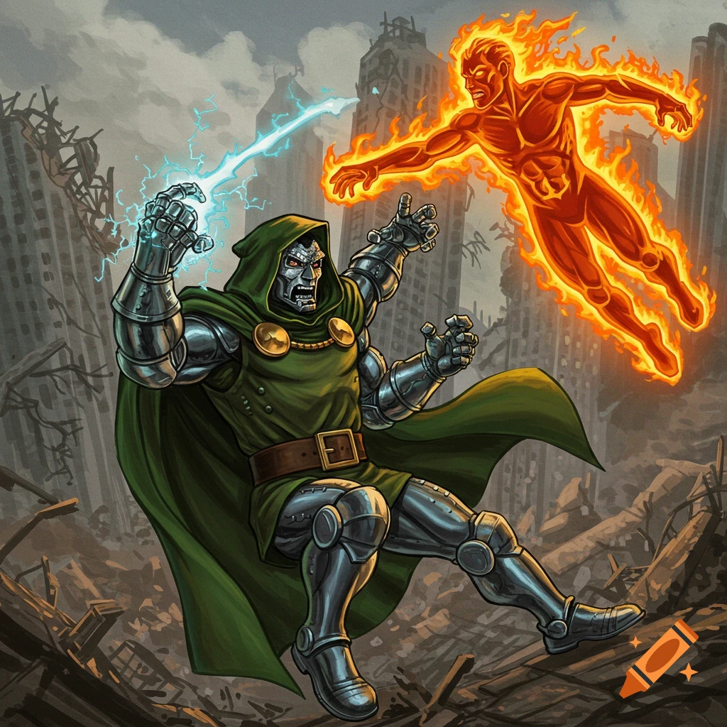 Doctor Doom and Human Torch battle in a ruined city.