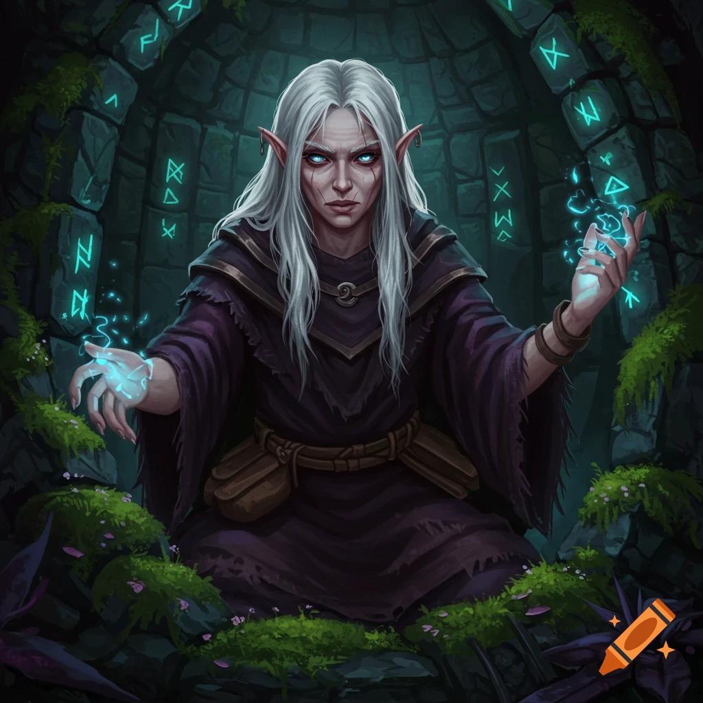 Female sorcerer hermit casting a spell with glowing runes around her