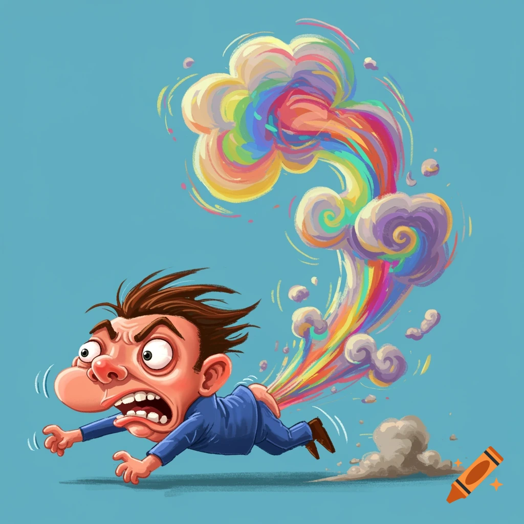 Cartoon man strains as he farts a vibrant rainbow trail, falling backward with dust.