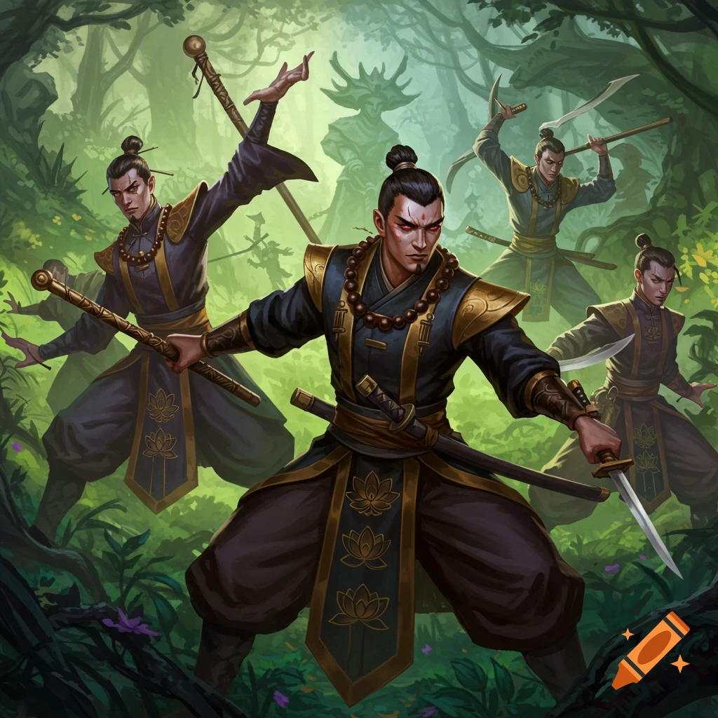 Several fantasy martial artists in a forest holding weapons