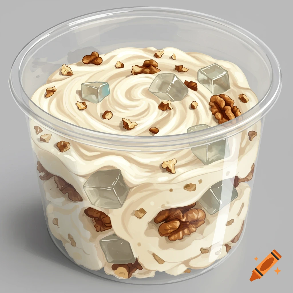 A dessert cup filled with cream, walnuts, and jelly cubes in a clear plastic container.