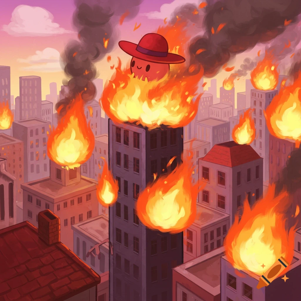 Cartoon illustration of a city on fire with a cute character in a red hat.