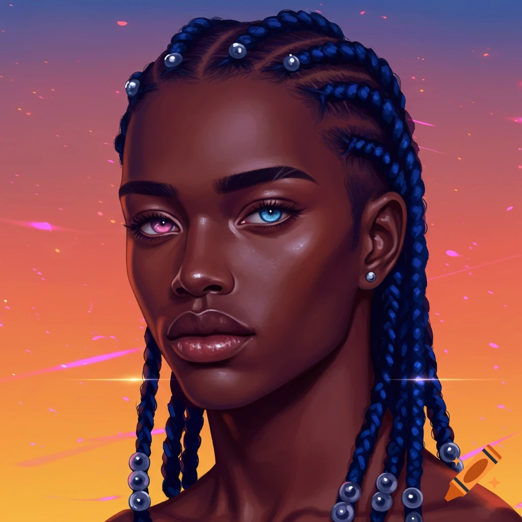 A person with dark skin and blue braids, with one pink and one blue eye, stands against a sunset sky.