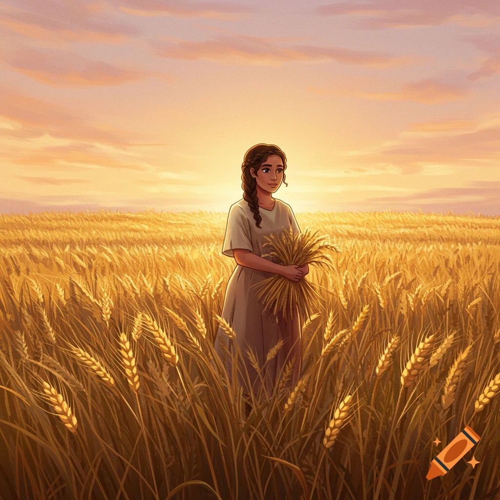 Woman holding wheat in a field at sunset.