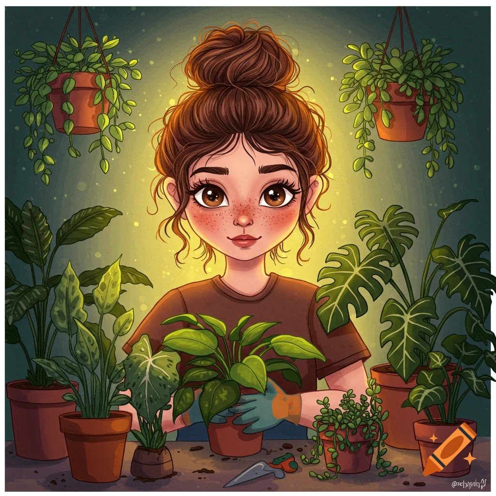 Image of a woman with a messy bun and freckles repotting a plant among many potted plants.