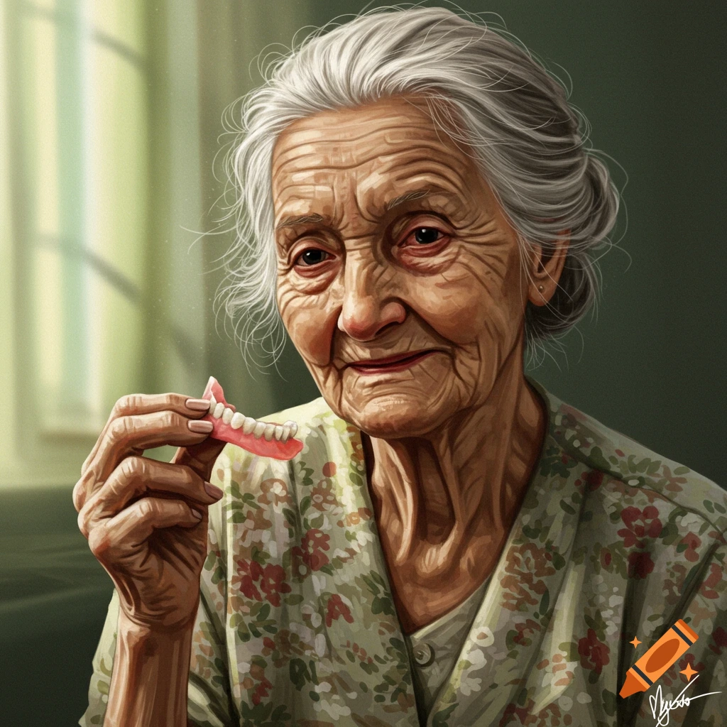 A portrait of an elderly woman holding dentures, smiling slightly.
