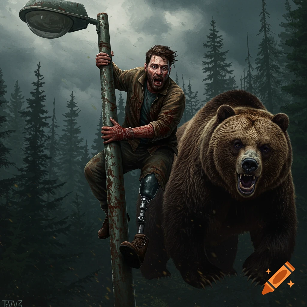 A man with a prosthetic leg clings to a lamp post as a grizzly bear lunges at him in a forest.