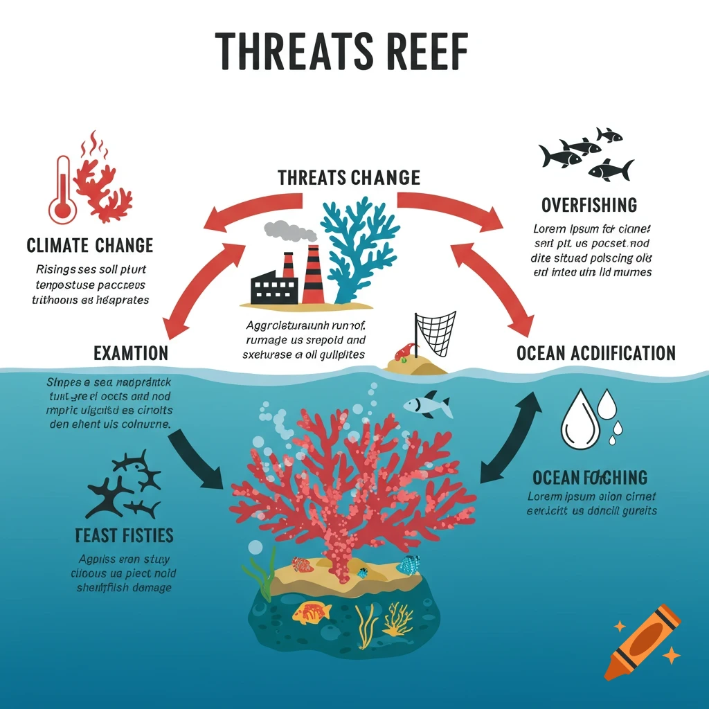 An illustrated diagram showing threats to coral reefs including climate change, pollution, overfishing, and ocean acidification.