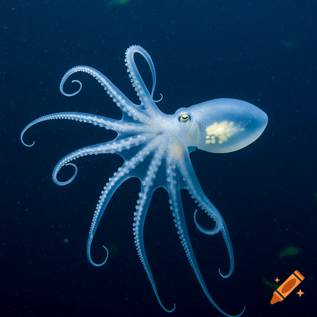 A transparent octopus swims in dark blue water. Photorealistic.