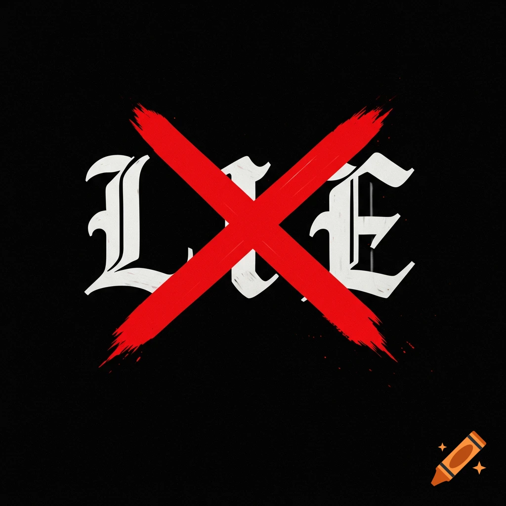 The word "LIE" in white gothic script is crossed out by a red X on a black background.