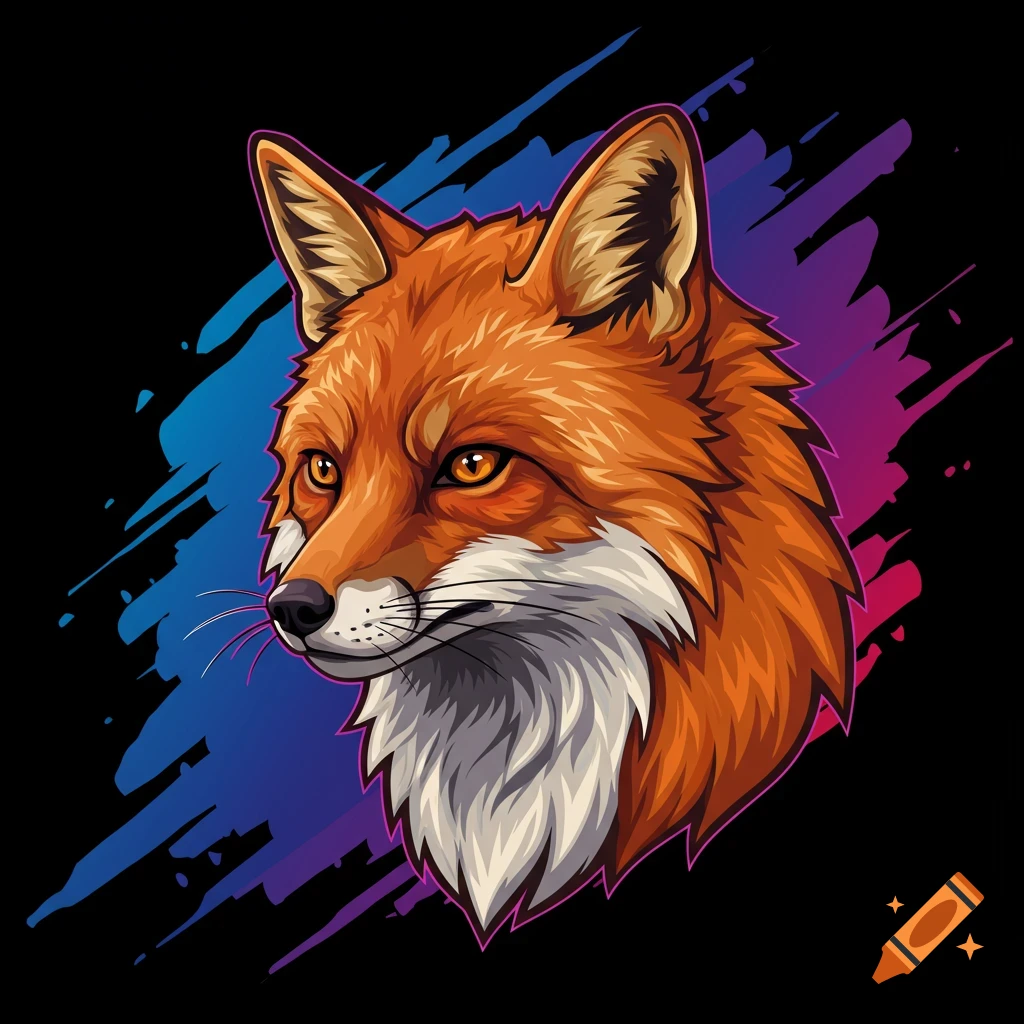 Vector illustration of a fox head against a blue and purple brushstroke background