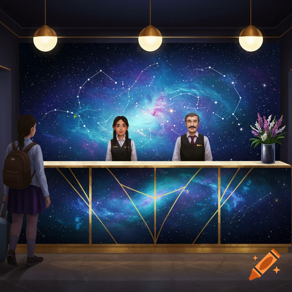 A hotel reception desk with a celestial background and two staff, as a person arrives.
