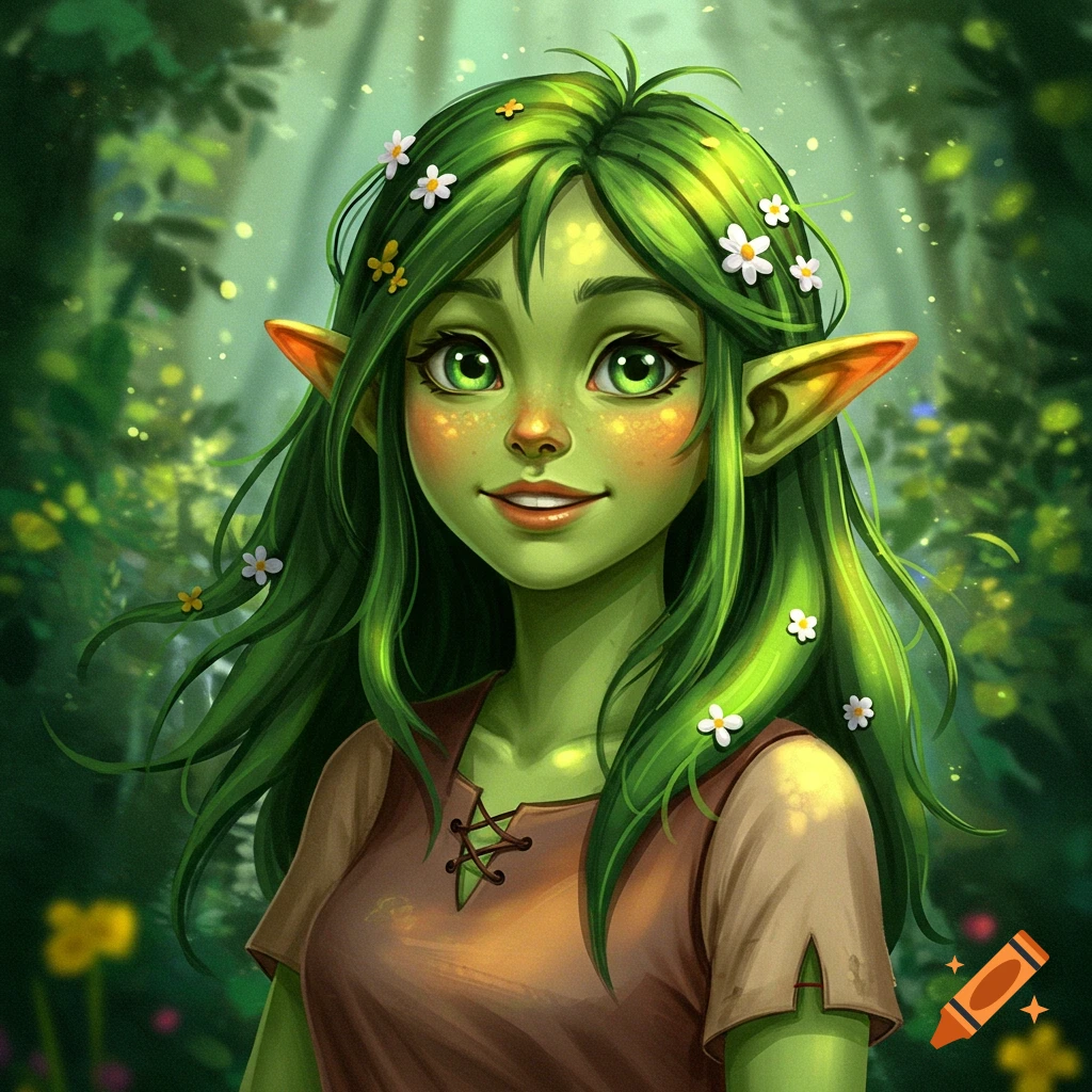A smiling green-skinned fantasy character with pointed ears and green hair with flowers in a forest.