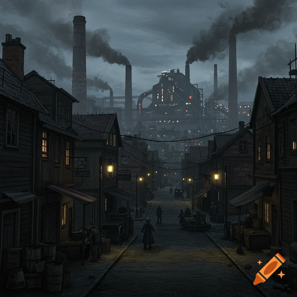 Dark image of an industrial city street with smoking chimneys in the background.