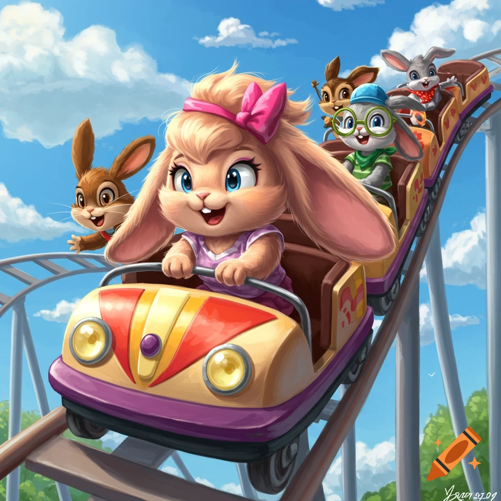 Cartoon rabbits ride a roller coaster under a bright sky in a colorful picture.