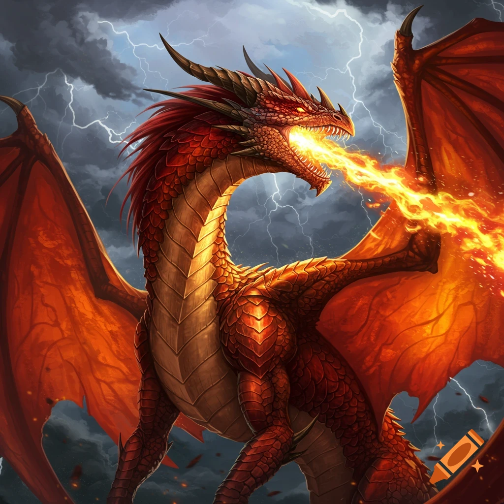 A red dragon breathing fire in a stormy sky with lightning.