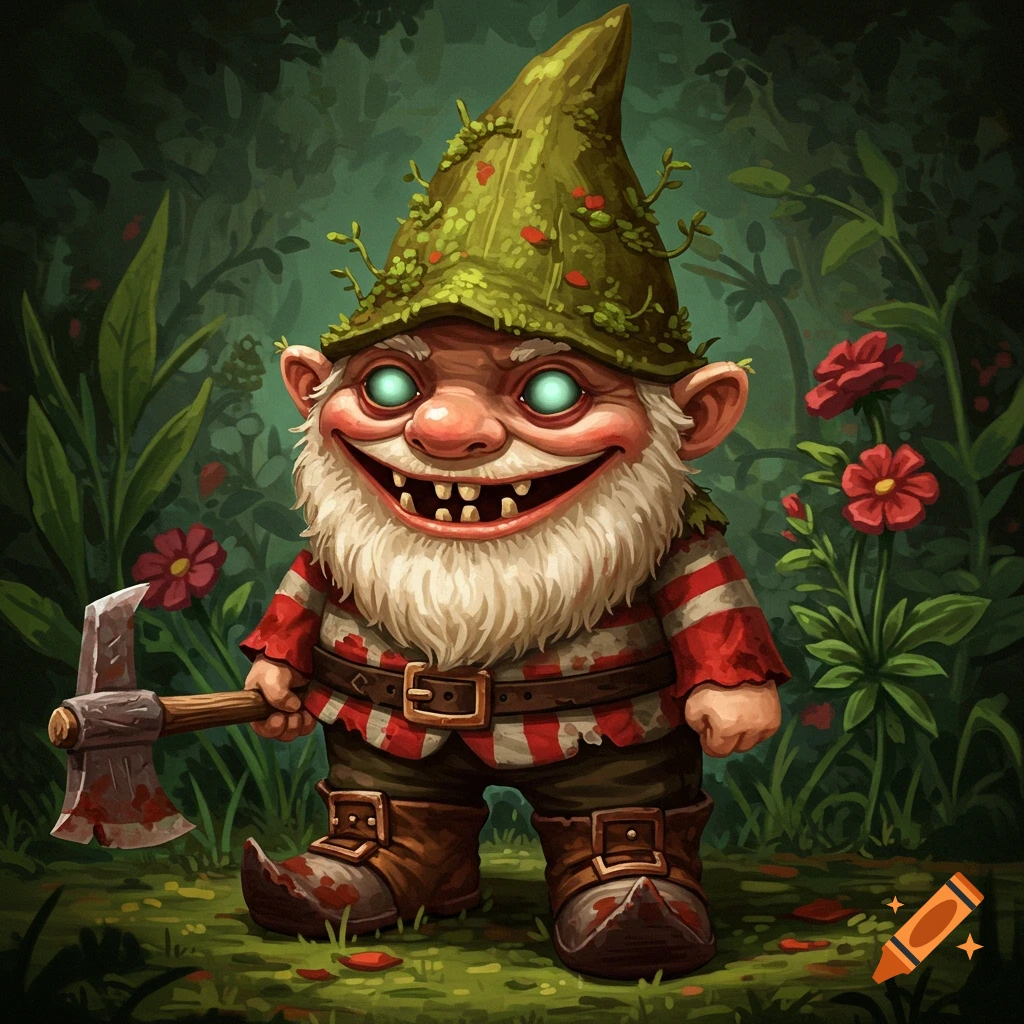 A scary garden gnome with an axe in a forest.