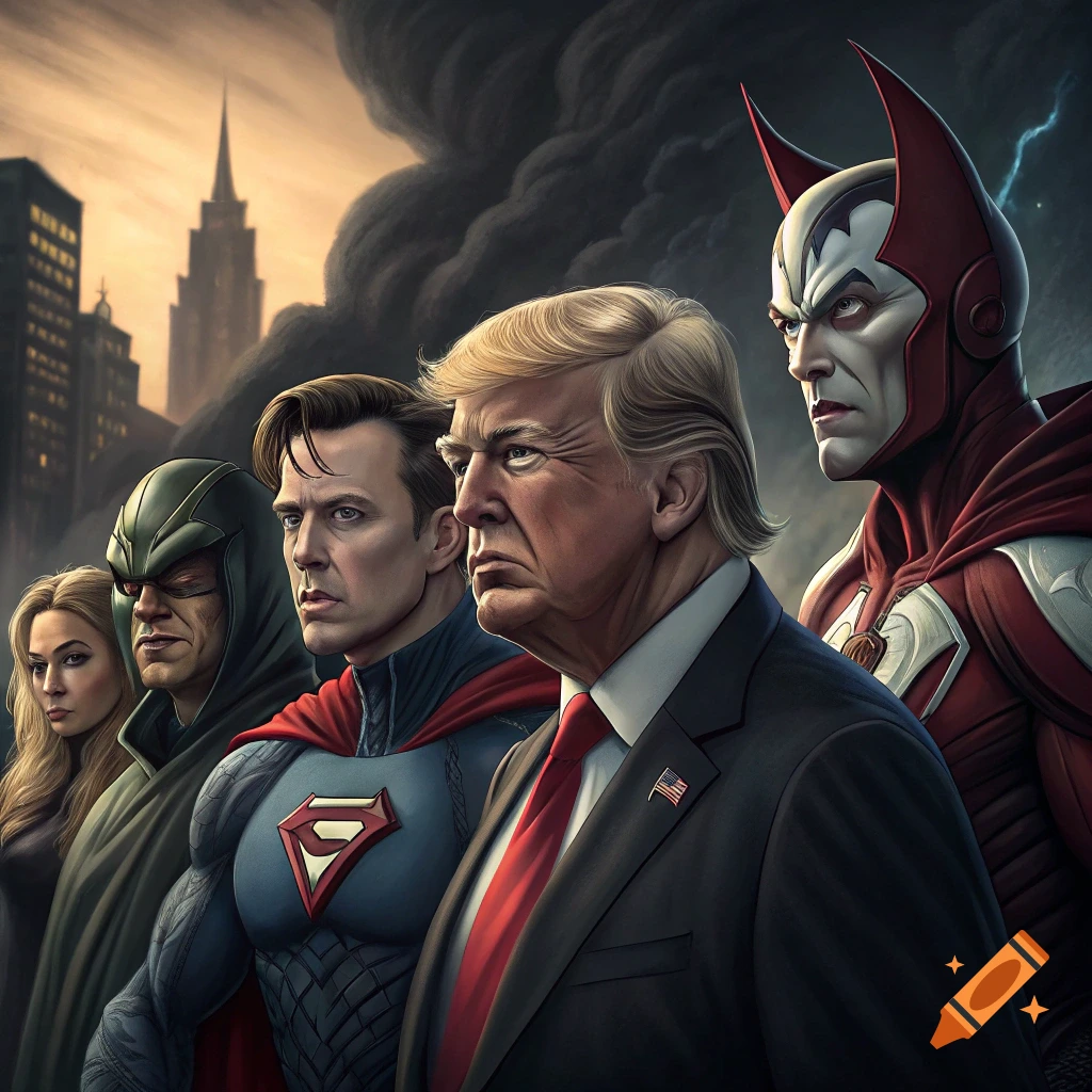 Stylized comic art of several figures, including Donald Trump and others in superhero/villain costumes, against a stormy city skyline.