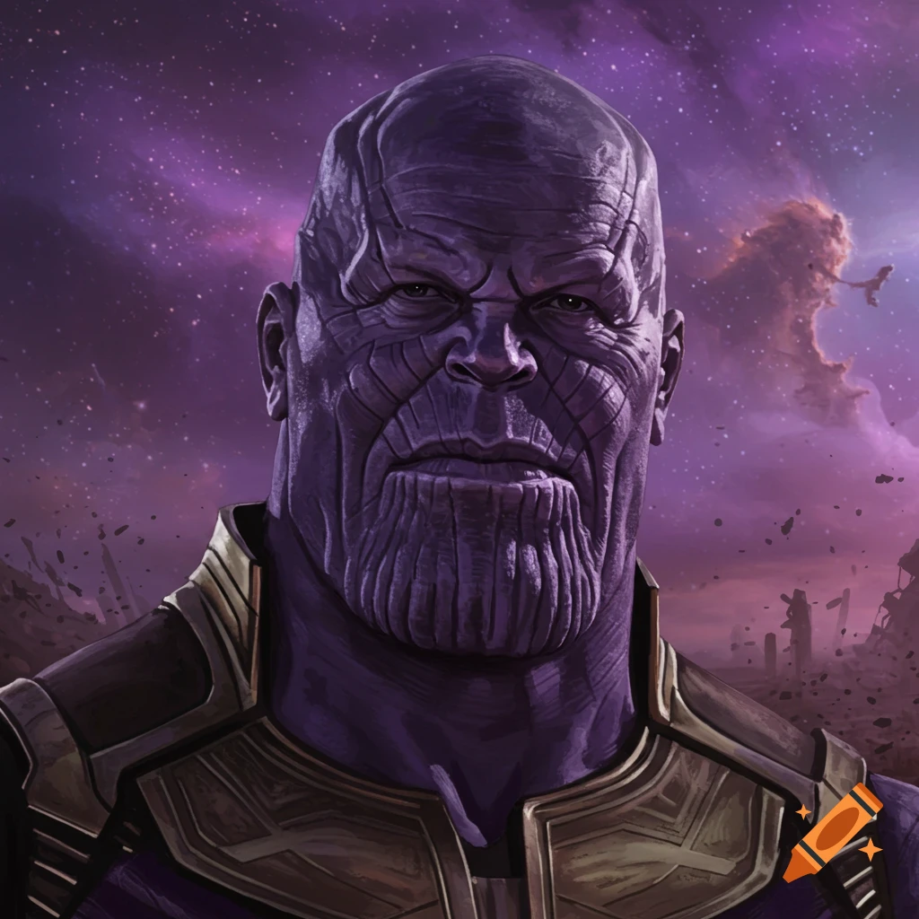 A portrait of Thanos with a cosmic background.