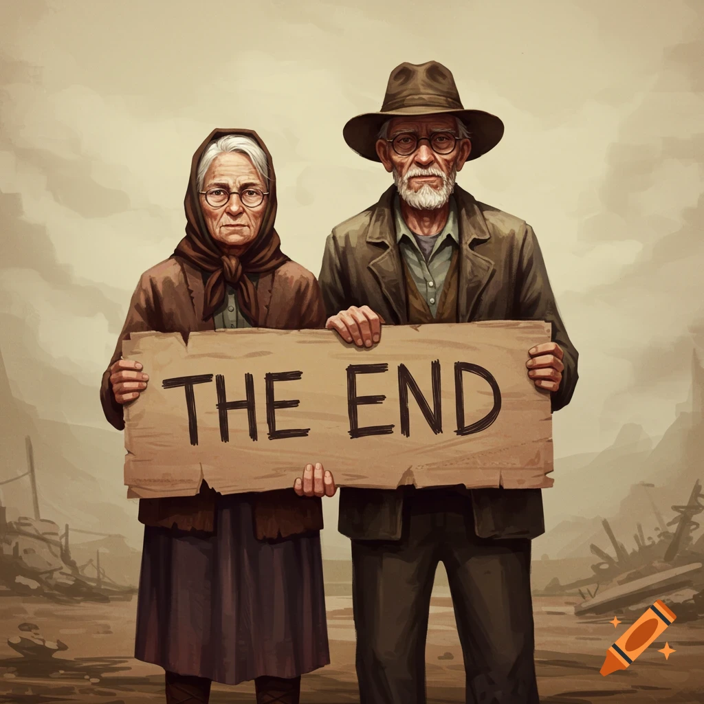 Two old people holding a sign that reads 'THE END' in a desolate landscape.