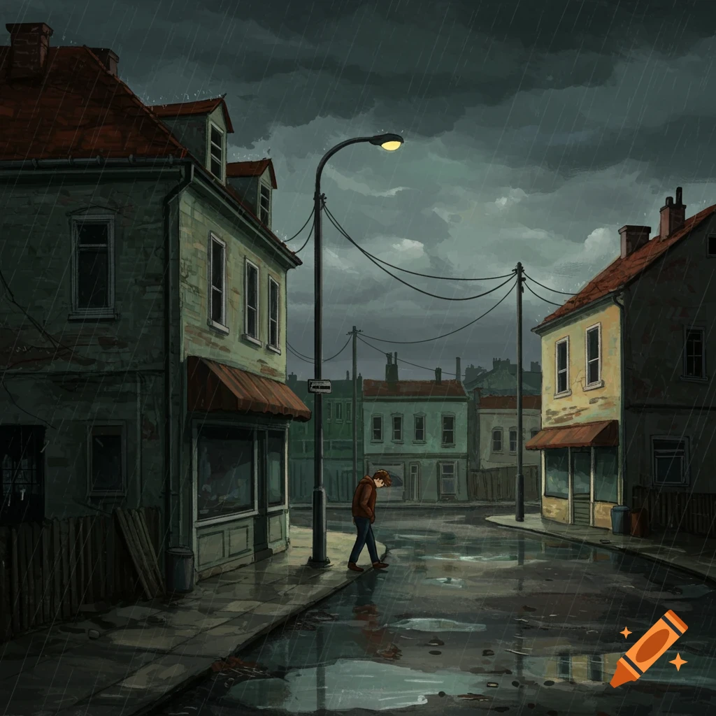 A person walks down a rainy street
