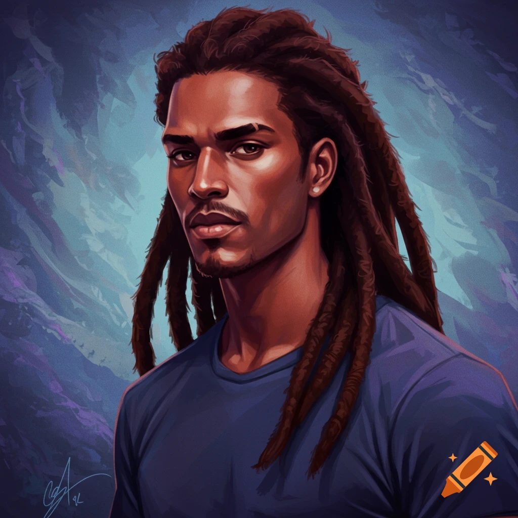 A man with dreadlocks wearing a blue shirt against a textured background.