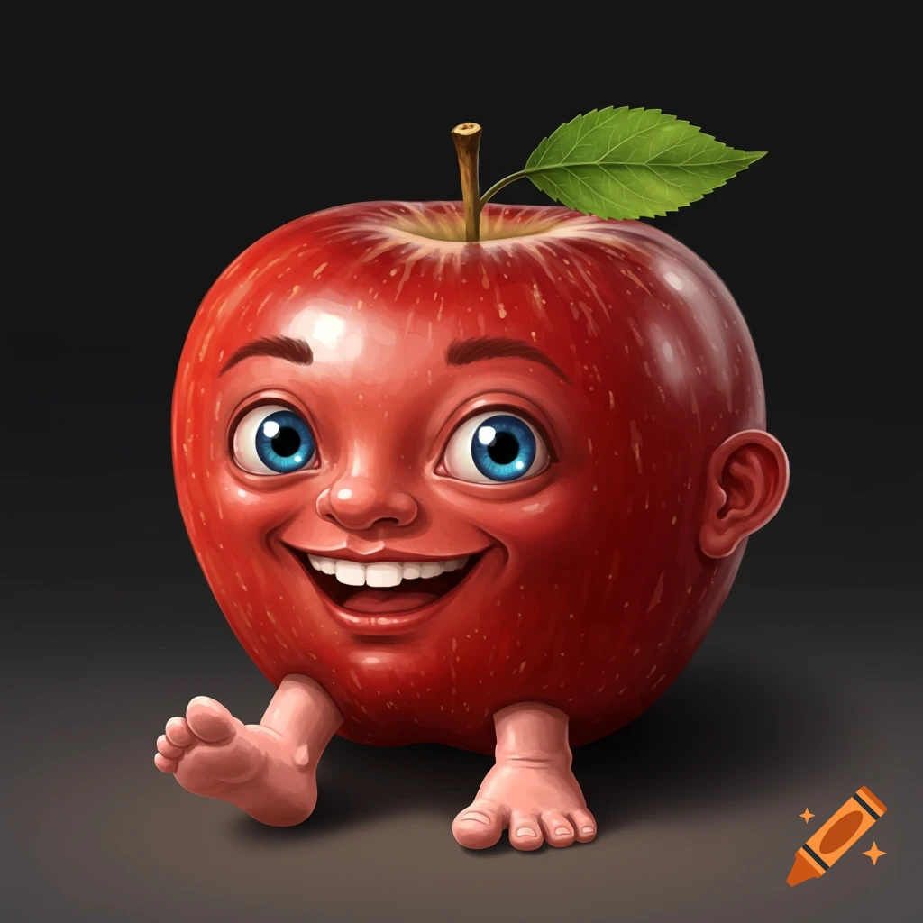 A cartoonish red apple with a human face, ears, and and feet sits on a dark background.