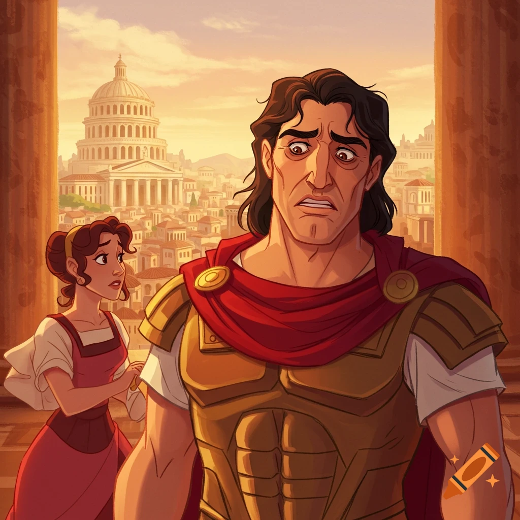 Cartoon illustration of a man in armor and a woman looking worried in front of a classical building and city.