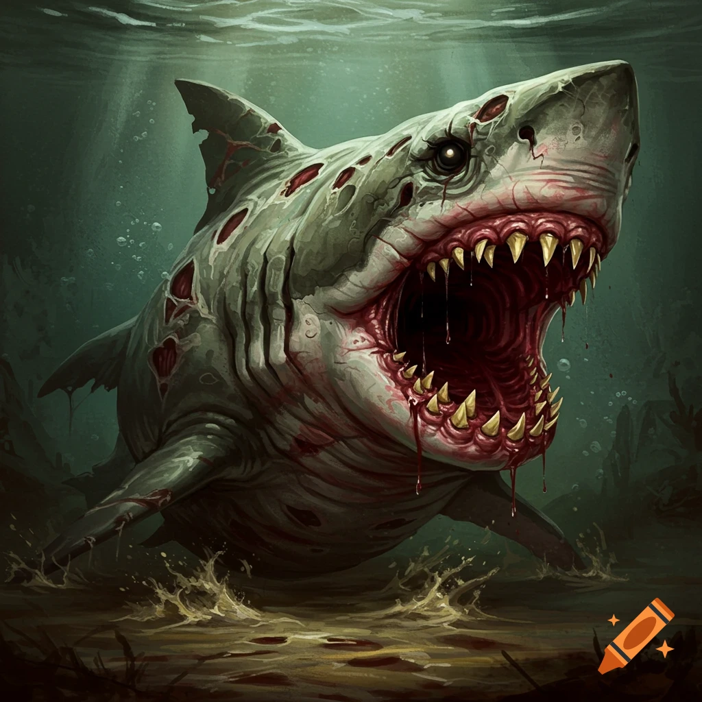 A zombie shark underwater with mouth open, showing gore and blood.