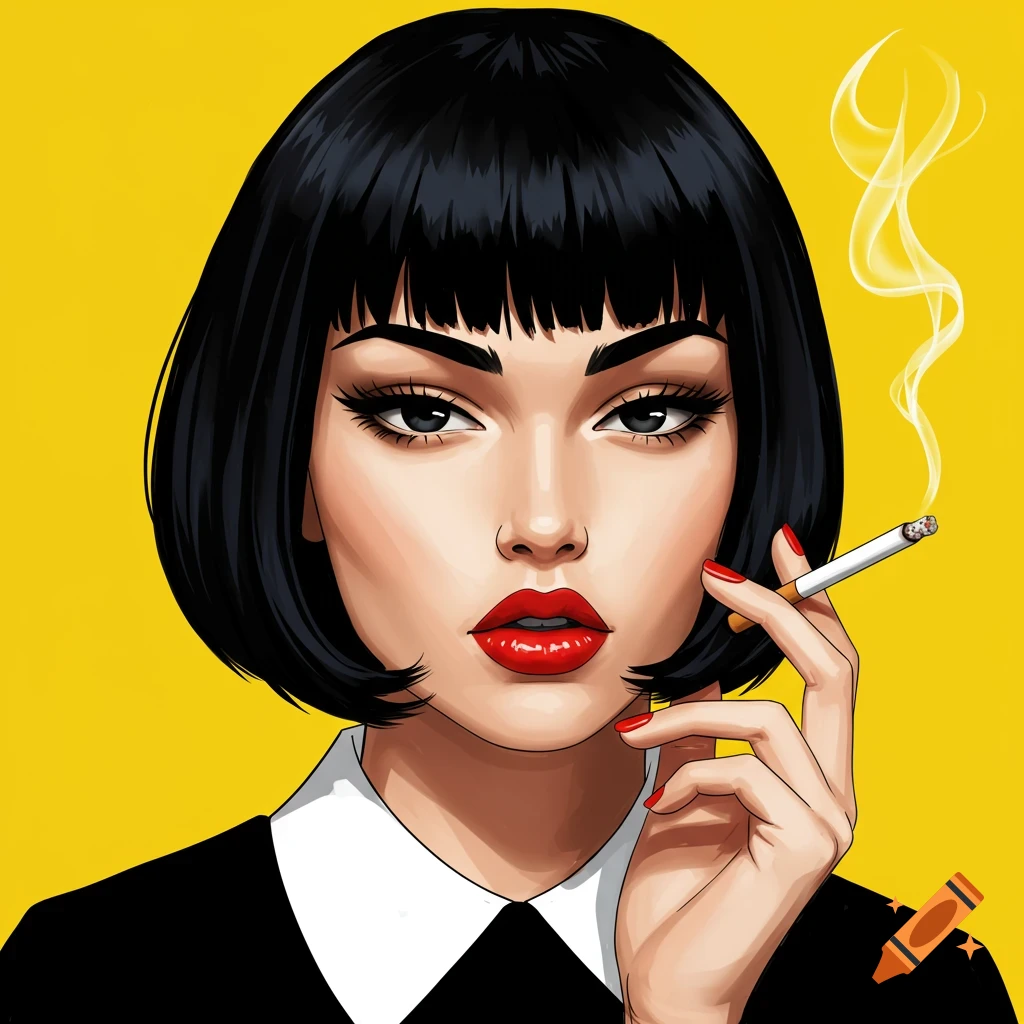 A woman with black bobbed hair and red lips, smoking a cigarette.