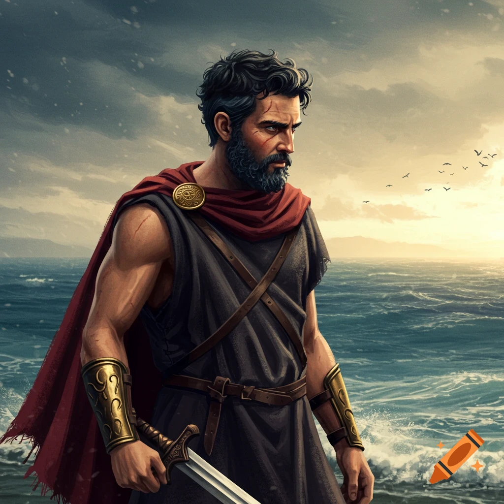 A bearded warrior in a red cape holding a sword by the sea.