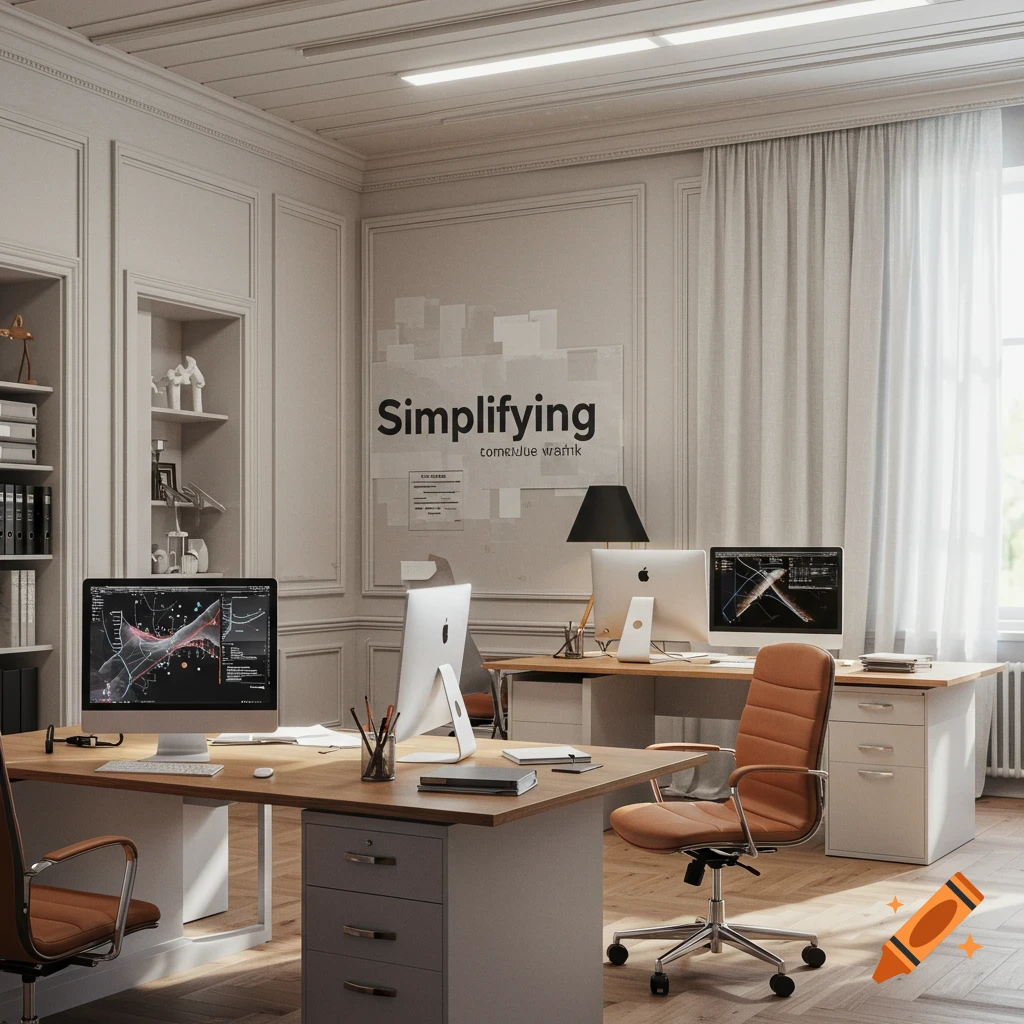 Realistic image of a classical office with desks, computers, and a large poster on the wall saying 'Simplifying'.