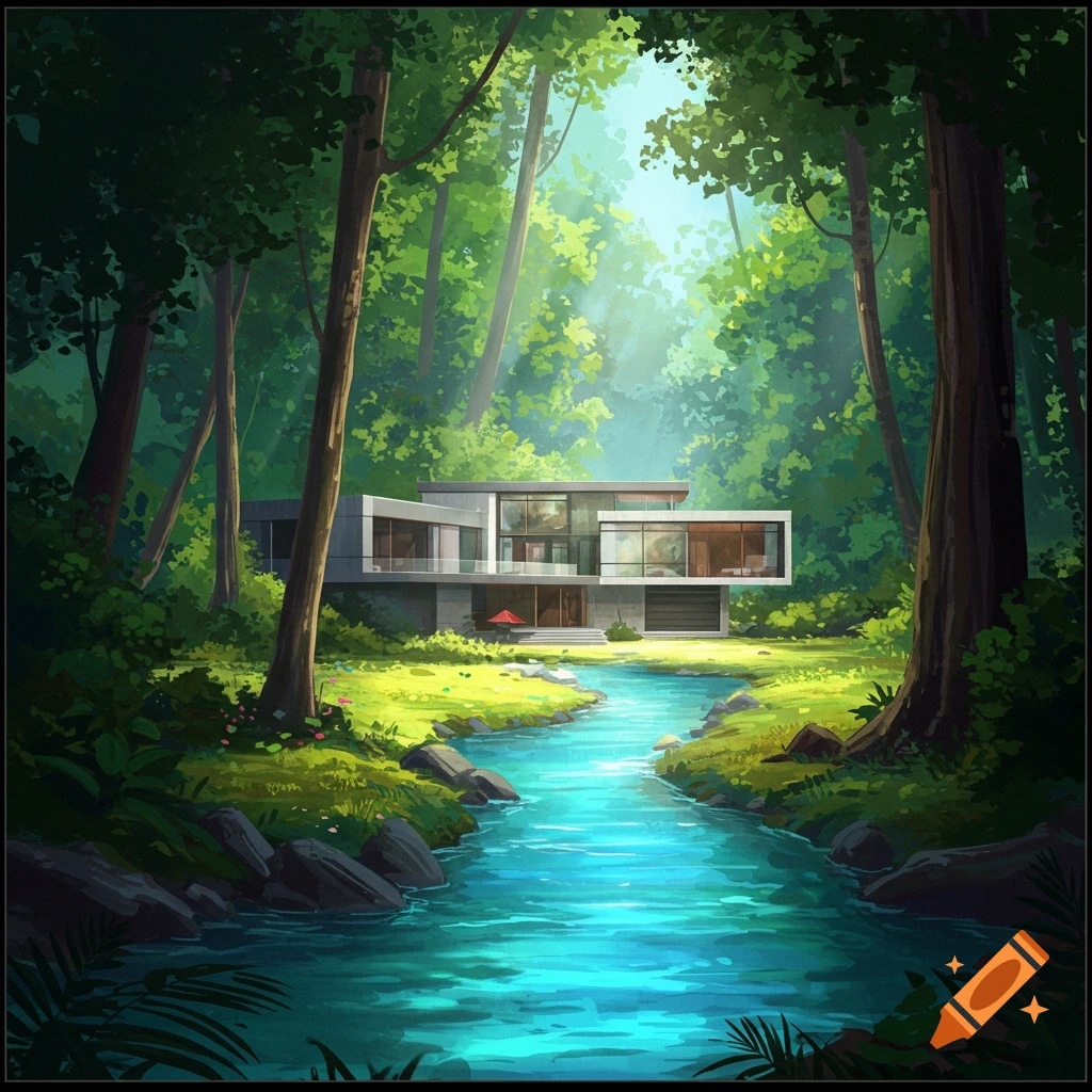A modern house stands beside a bright blue river, surrounded by a lush green forest.