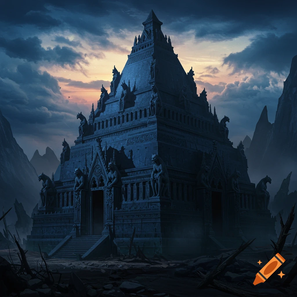 A gothic pyramid structure dominates a dark landscape at sunset.