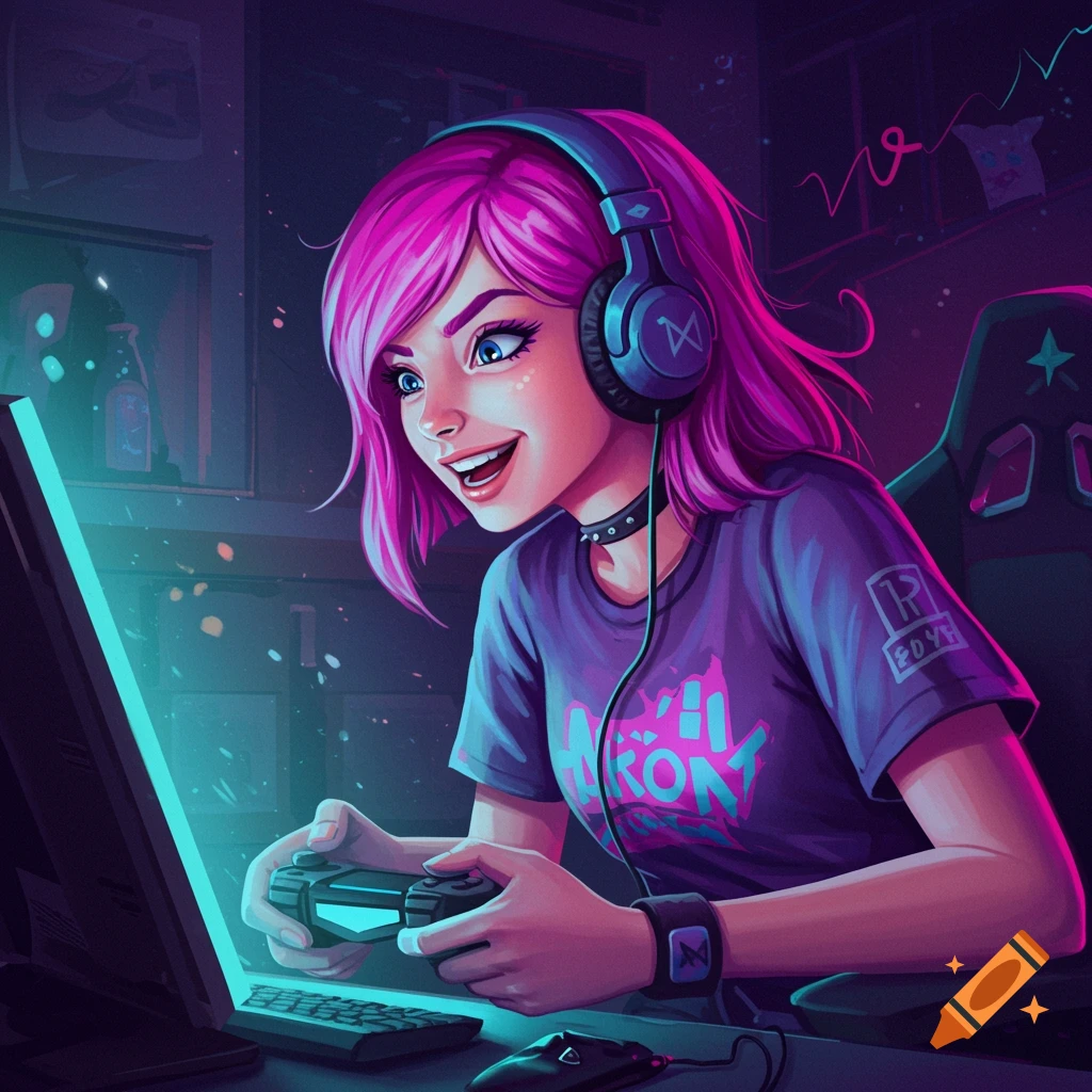 Vibrant image of a pink-haired girl with headphones playing a video game, lit by screen glow.