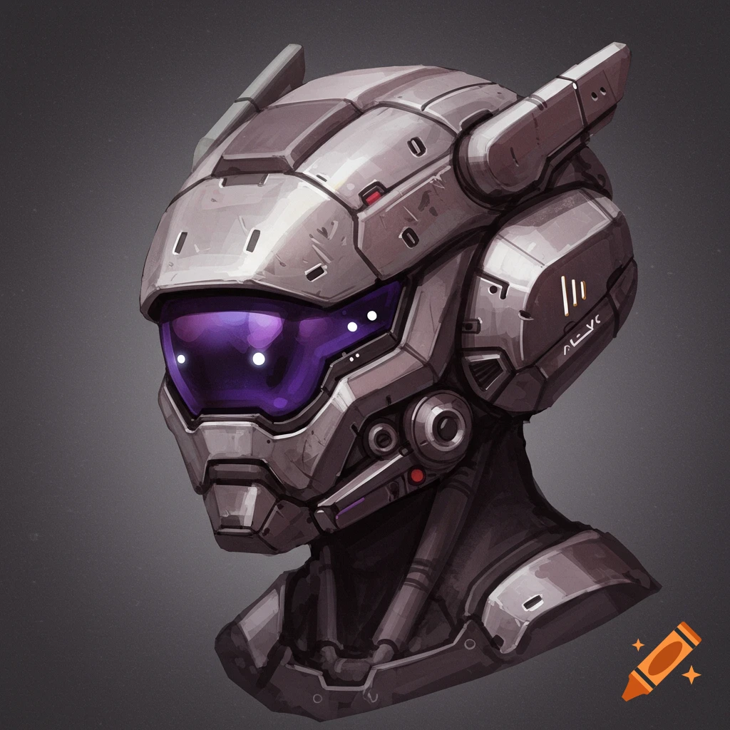 A grey science fiction helmet with a purple visor.