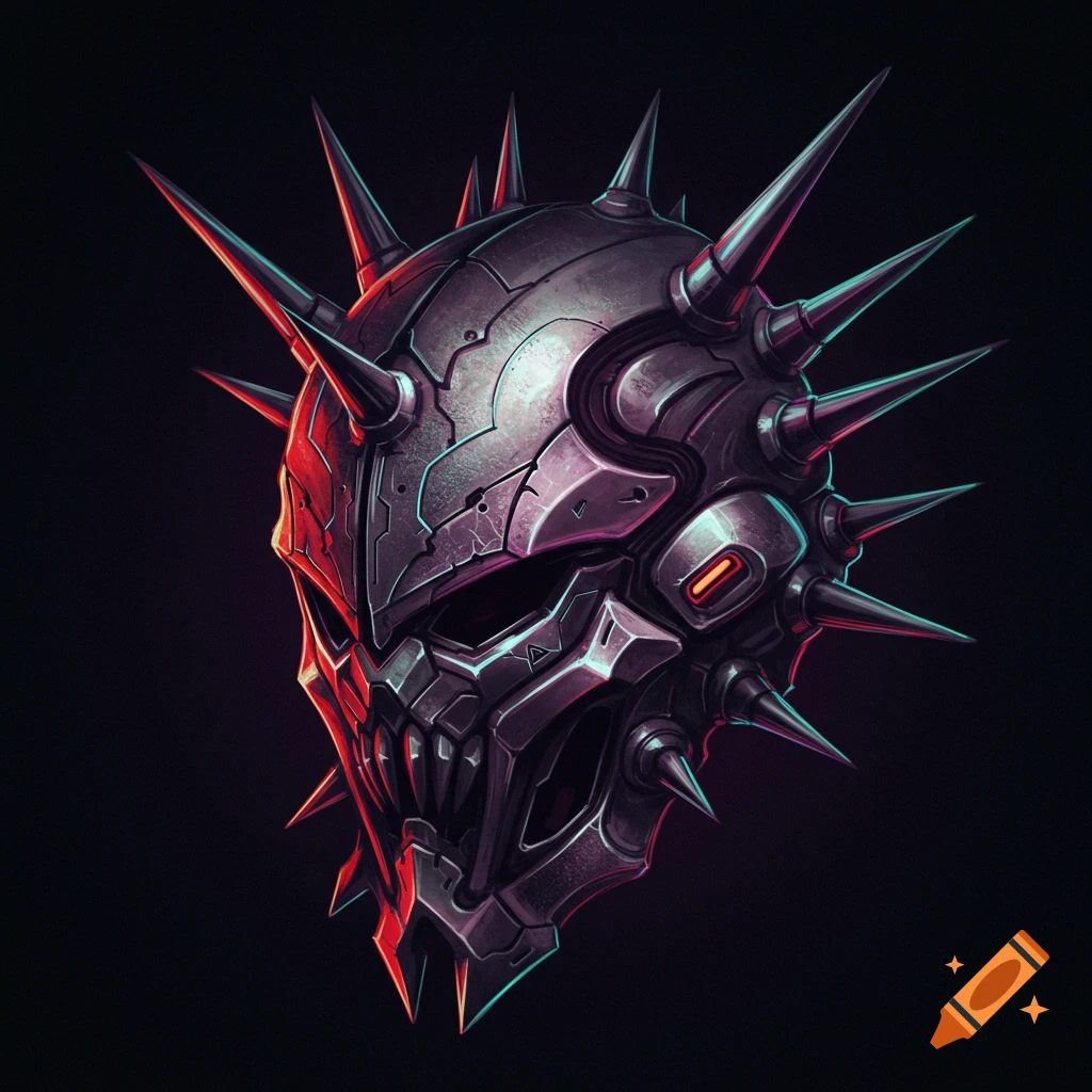 A dark, spiky metallic helmet